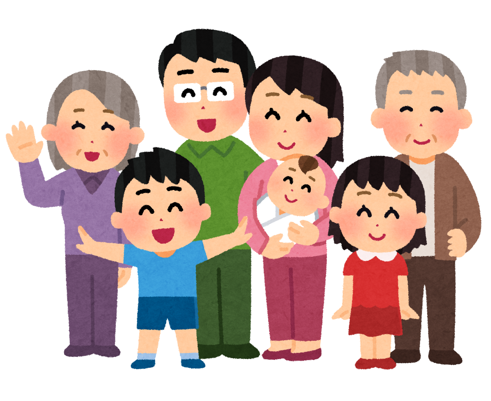 ファミリーイラスト 立ちポーズの三世代家族