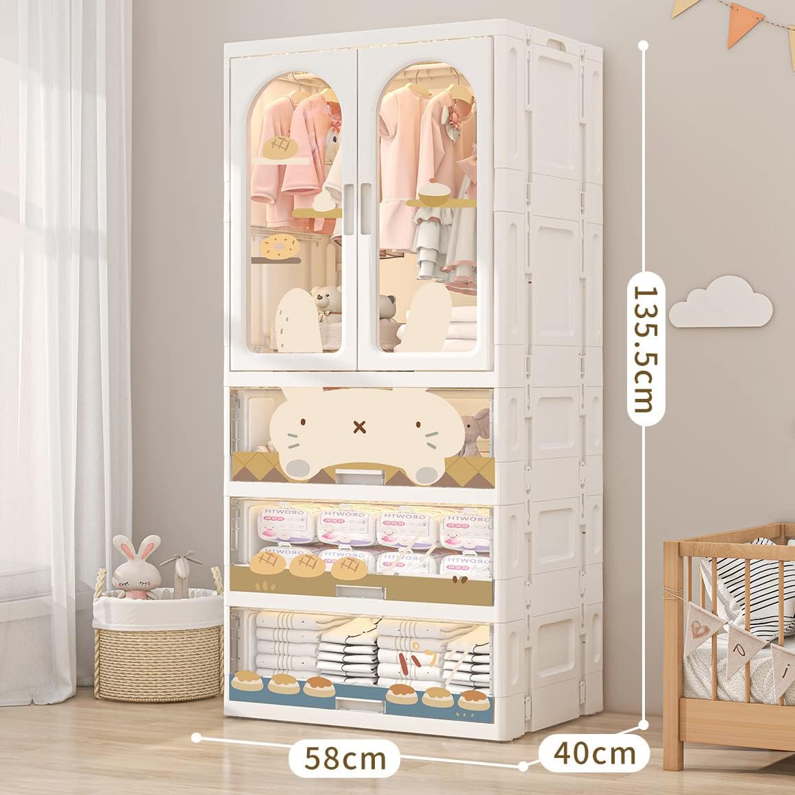 PonyLes キッズクローゼット ベビークローゼット ハンガーラック付き ウサギ 熊 キャスター付き 子供用ワードローブ たっぷり ハンガーラックおしゃれ 子供 木製 スリム 子ども 子供部屋 知育 北欧 収納 衣装棚 キャスター付 引き出し クローゼット エンケル キッズ