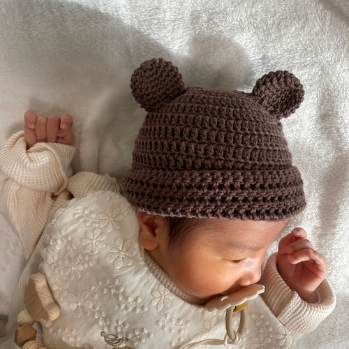 クマ耳付きチェック柄ベビー帽子 くま耳ベレー帽 キッズ・ベビー用 の作り方