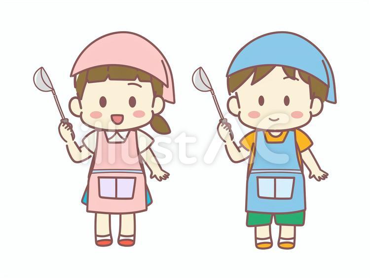 ご案内する緑エプロンと三角巾の姿の女性 - フリー素材集「イラストのっく」