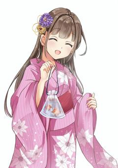 8月のイメージのワンポイントイラスト、浴衣姿で夏祭りを楽しむかわいい女の子無料イラスト素材TemplateBox