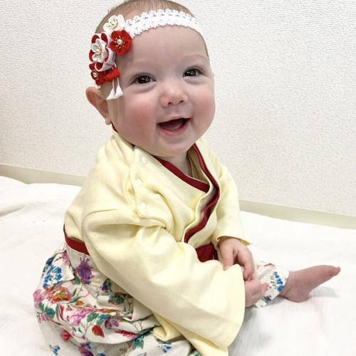 ベビーヘアバンド黄色×オレンジ つまみ細工の髪飾り お宮参り 百日祝い - メルカリ