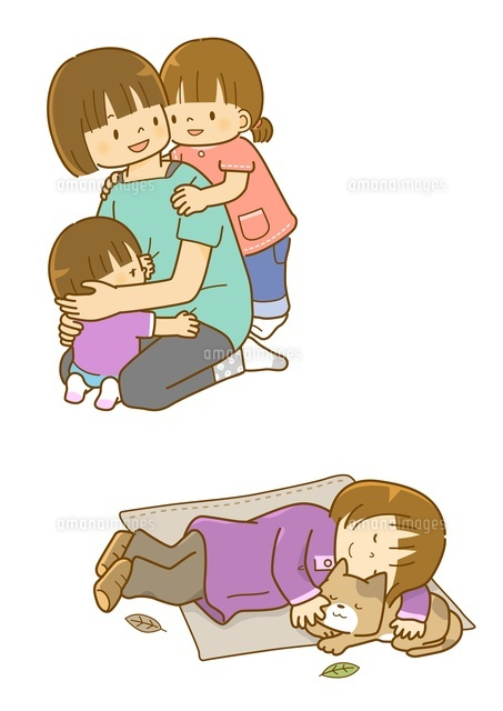 仲良し家族。優しいお父さんとお母さんに抱っこされる子供と赤ちゃんのベクターイラスト素材。 Stock VectorAdobe Stock