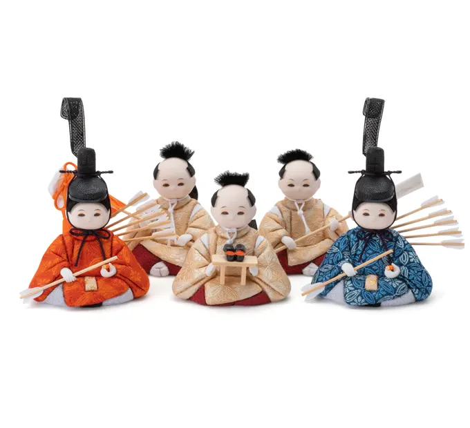 閑 雛人形 正絹金襴 手造り木製頭 官女 随身 仕丁 五人ばやし 木製共