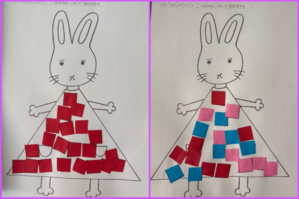 袖師保育園子ども達が大好きな絵本〘わたしのワンピース〙を題材に製作活動をしました🖌 クレヨンと絵の具を使って、はじき絵に挑戦！世界に一つだけの『ぼくの，わたしのワンピース』が完成しました👗 絵の具を目の前に目を輝かせていた、子どもたちです