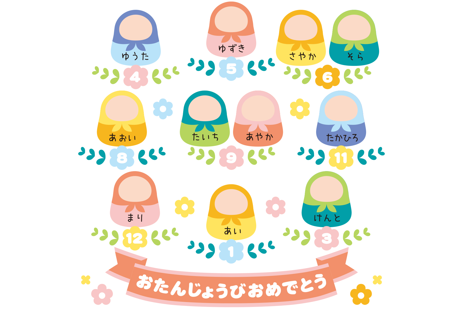 ポット別冊付録 誕生表案 「マトリョーシカ風のお誕生表」イラストレーターたかしまよーこWEB nicotte ◇子供向け・絵本・児童書・教材・動物のかわいいイラスト