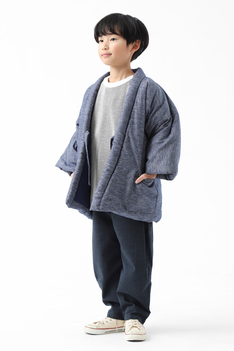 半纏 子ども 四つ紐 はんてん 久留米織 キッズ子供 こども 男の子用 女の子用 兼用 M L 子供用 どてら ちゃんちゃんこ 生成り カラシブルーグレー ふかふか おしゃれ 久留米 暖かい 部屋着 ルームウェア– tayu-tafu