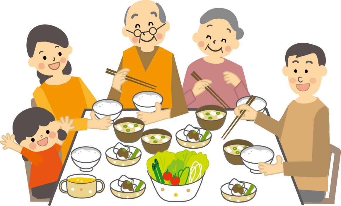 三世代家族の笑顔あふれる一家団らんのソファー：手描きイラスト