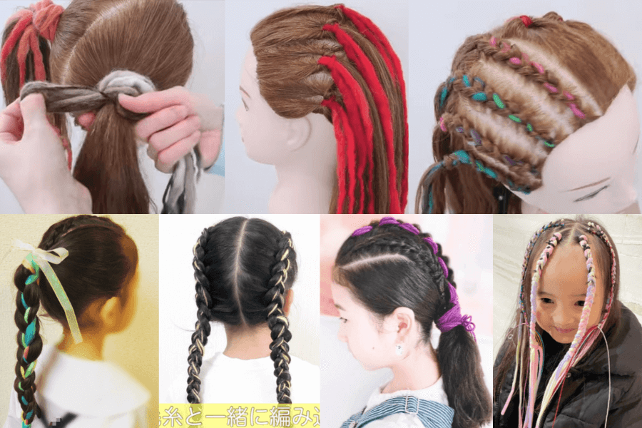 お祭りヘア続き～ 前髪ありバージョンのコーンロウ編み編み。 同じ左右4本のコーンロウでエクステ入りでも雰囲気が全然違います。こちらのお団子はポニーテールにまとめてから緩く三編みにしてエクステが出るようにくるくると巻いてお団子にしてます。 コーンロウ