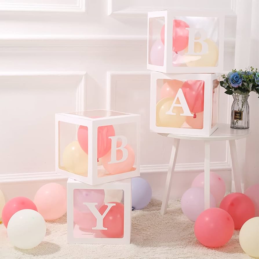 4個 セット 透明バルーンボックス ギフトボックス 誕生日パーティーの装飾ギフト シャワー洗礼 包装 贈り物 結婚式用品 家装飾 BABY BOXBlack ベビー クリアボックス ベビーシャワー ベイビー ブラック 黒バルーン別売り