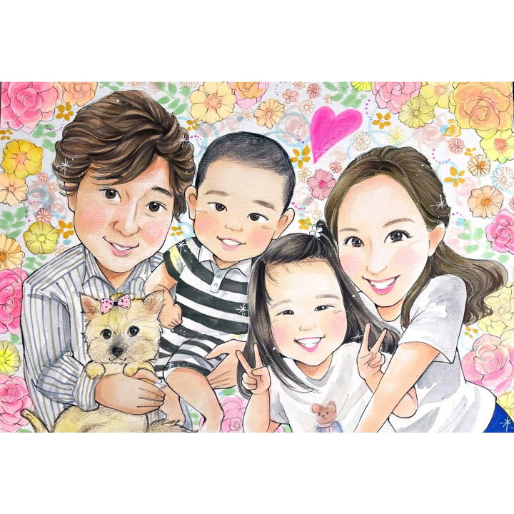 初めての似顔絵は家族と一緒に！仲良しファミリー似顔絵 家族写真の代わりにも！ 故人様、ペットも一緒にお描きできます。プレゼントに悩んだら！家族似顔絵誕生日 退職 感謝 記念日 結婚記念日 還暦 古希 喜寿 傘寿 米寿 結婚祝い 新築祝い いろいろ使える似顔絵 mariko