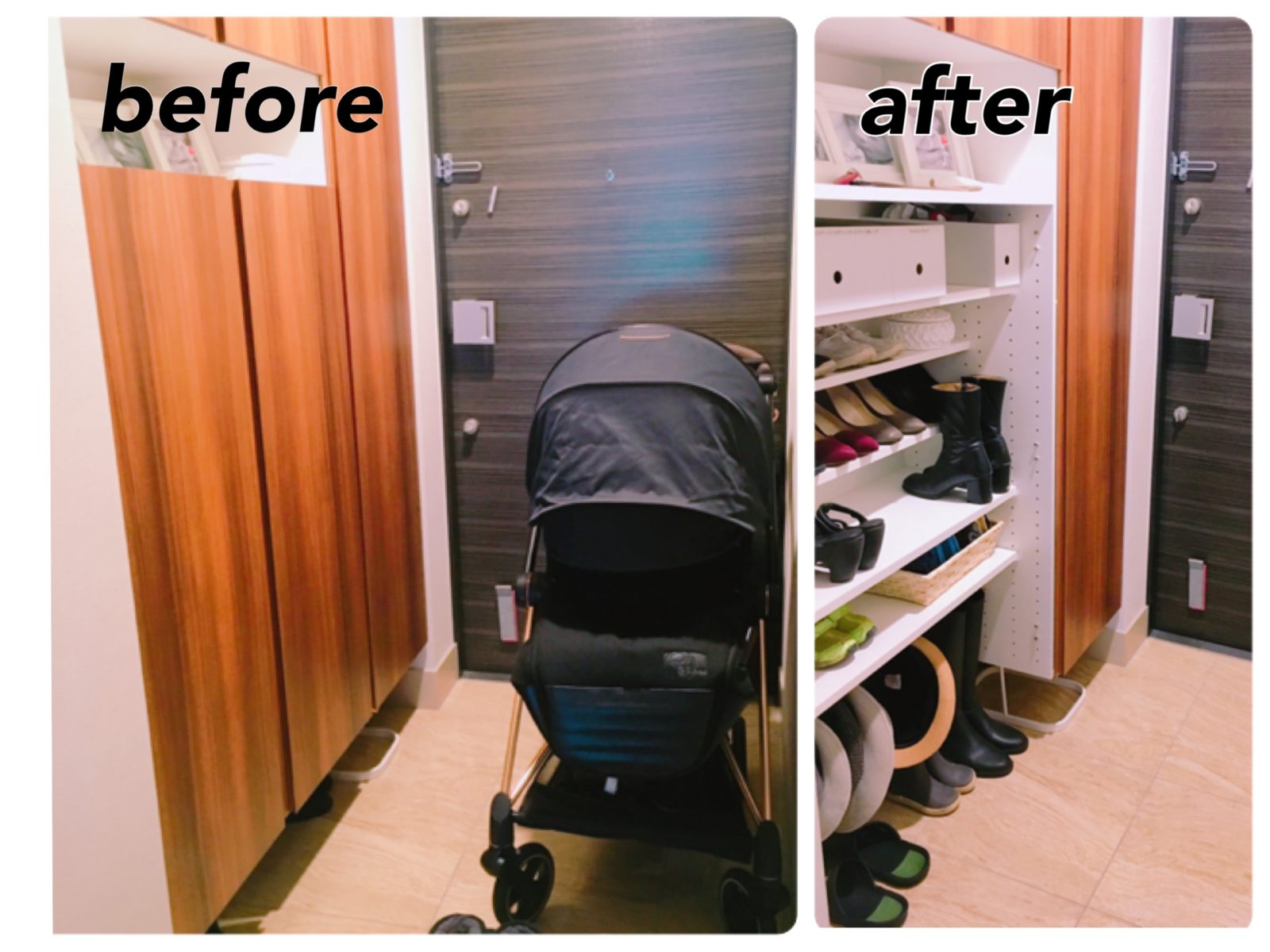 A型ベビーカー置き場をDIY。小さな玄関でできるベビーかの置き場所解決 - ワーママはるかの日常