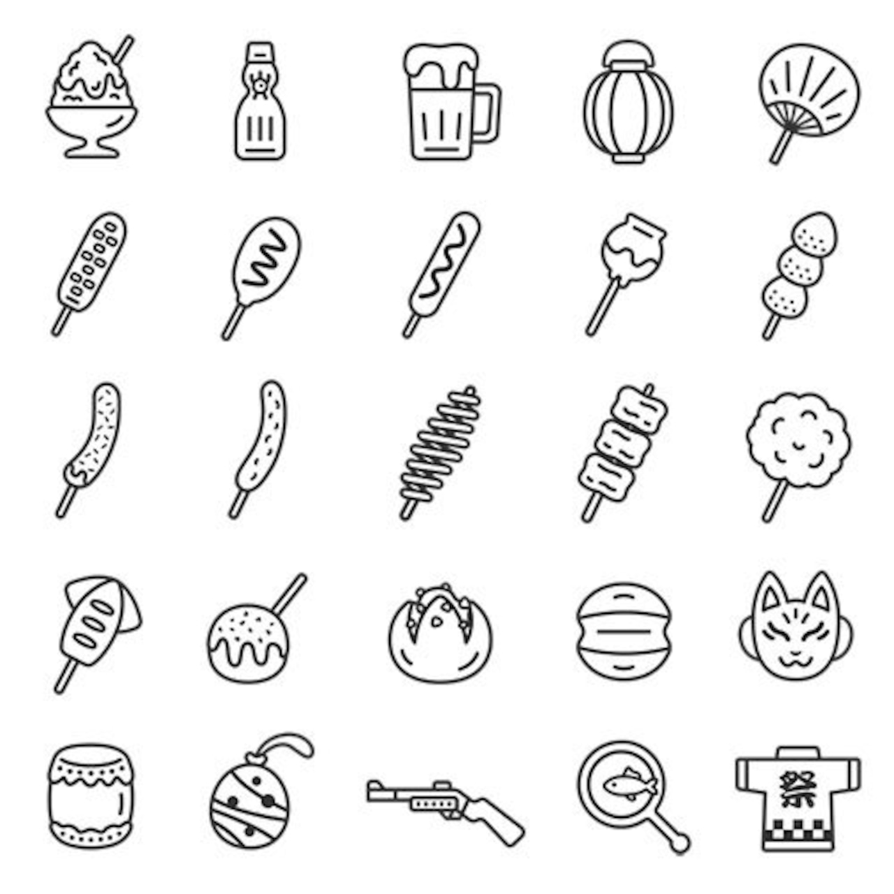 夏祭りのアイコン 線画カラー の無料イラストセット透過PNG・商用利用OKイラストセンタ