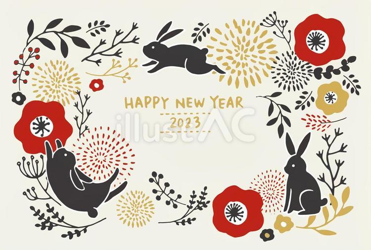 パステルカラーの可愛いウサギの達磨の年賀状テンプレート：イラスト無料