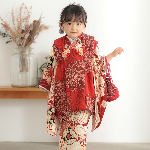 七五三 3歳 作り帯 レンタル蘇芳手鞠桜笠菊七五三 3歳 着物 アンティーク レトロ モダン レンタルレンタル七五三 着物