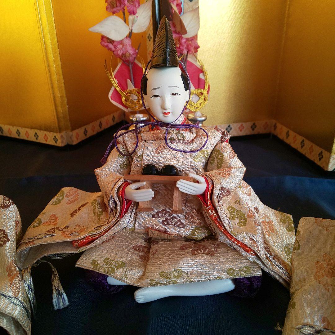 雛人形 正絹金襴 手造り木製頭 官女 随身 仕丁 五人ばやし 木製共箱
