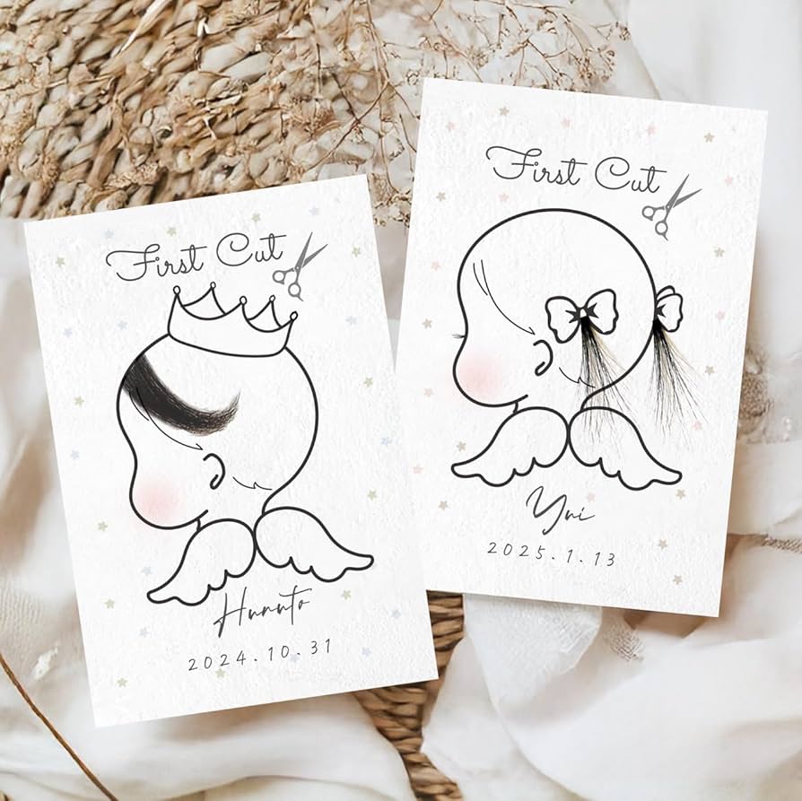 Amazon名入れ＆日付入れ オーダー お子様の初カットアート✧︎ヘアカットした記念に！手書き水彩画 優しいふんわりデザインのカード可愛いアート台紙 赤ちゃん 子供 記念赤ちゃん筆 胎毛筆 男の子女の子用女の子２枚名入れ用品ベビー＆マタニティ 通販