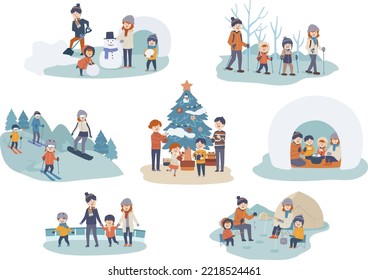 生活・人・冬 家族で笑顔で歩いている様子のかわいいフリーイラスト 冬バージョンフタバのフリーイラスト