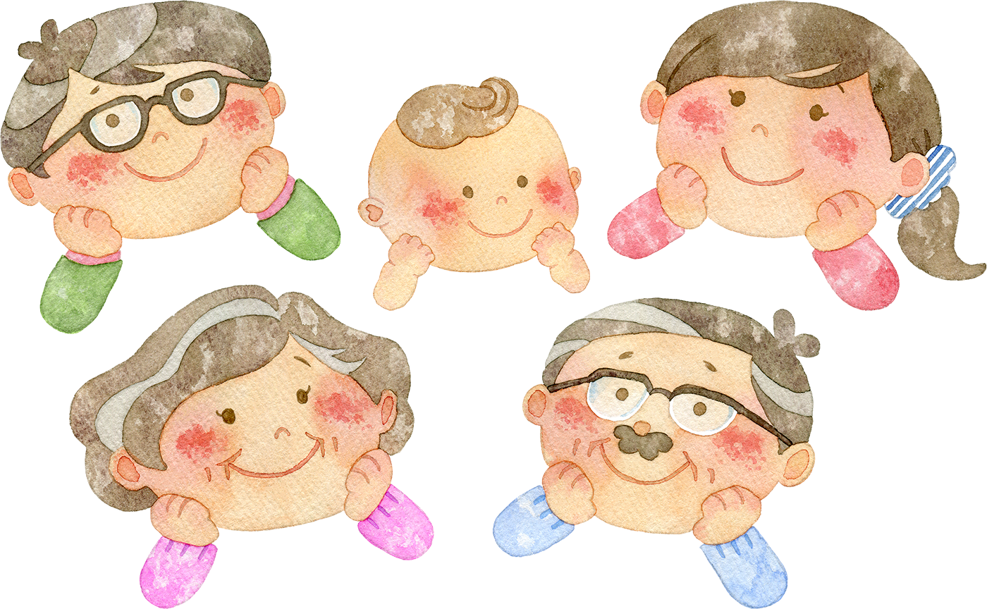 楽しそうに笑っている5人家族の顔の水彩イラスト水彩の挿し絵屋さん