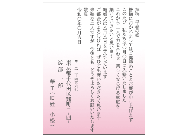 入籍・結婚報告 はがき文例１枚～即日印刷プリントメイト