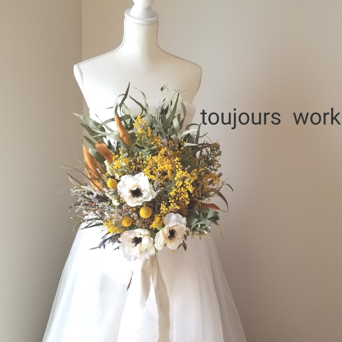 ウェディングブーケ＆ヘッドドレス ミモザとお花たちのナチュラルブーケ
