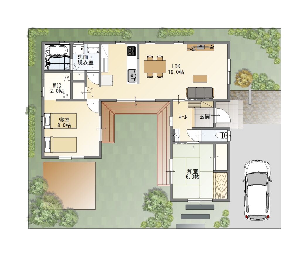 コの字の平屋の家2世帯をコの字に配置し、お互いをなんとなく感じられる距離感としています。親子のリビングは中庭のデッキでつなぎ、天気の良い日はデッキを通して行き来ができ、外からの視線を防ぎながら自然と親子の触れ合いができるプランです。外壁はブラックで